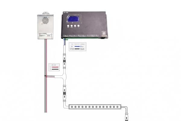 DMX controller connected to a chain of RGBW wall washers
